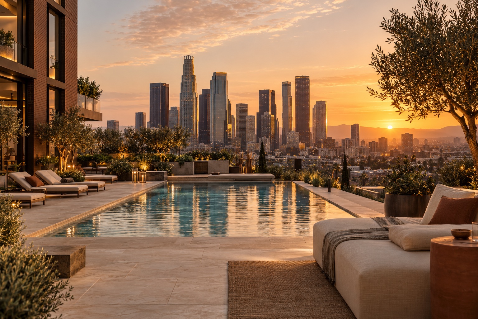 A warm rooftop pool and garden overlooking the downtown Los Angeles skyline at sunset