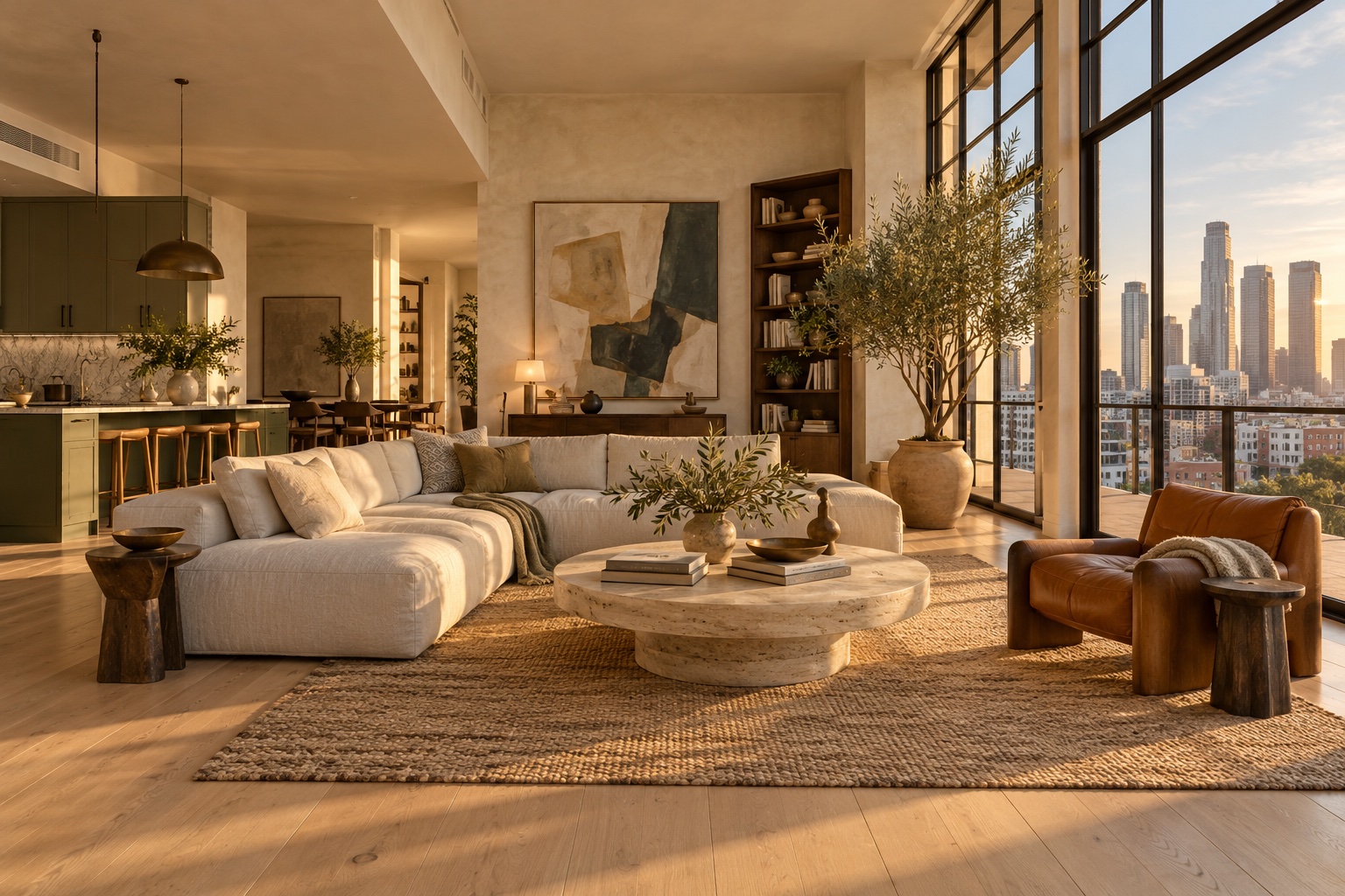 Sunlit Morrow apartment with warm oak floors, soft linen furnishings and expansive city windows