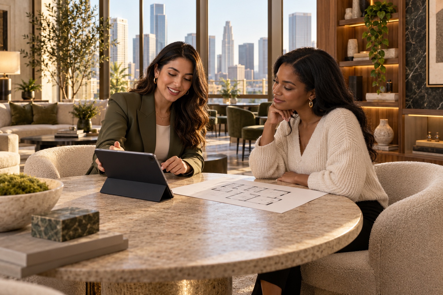 A leasing consultant and prospective resident reviewing a floor plan together
