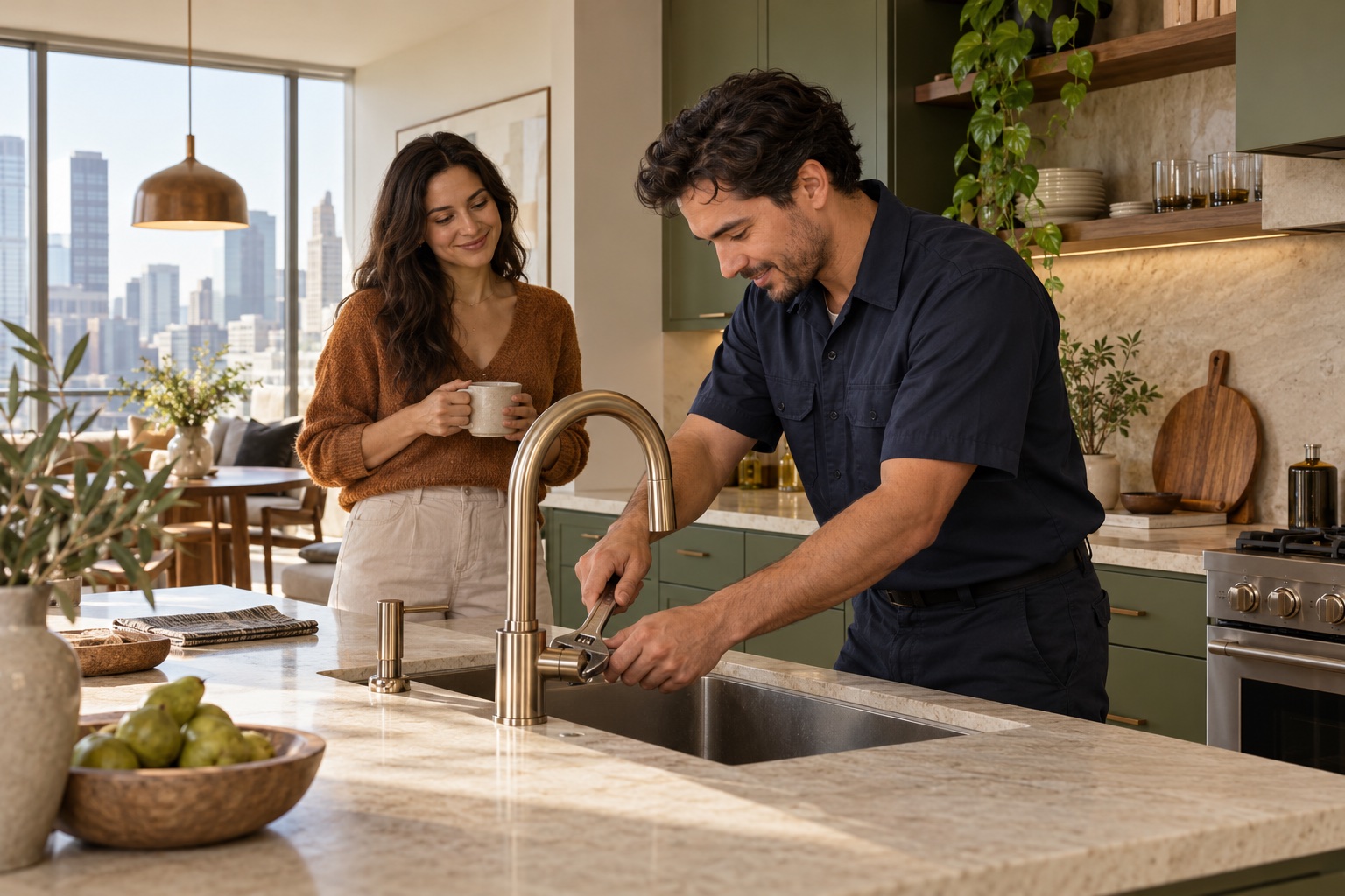 A maintenance professional helping a resident with a kitchen repair