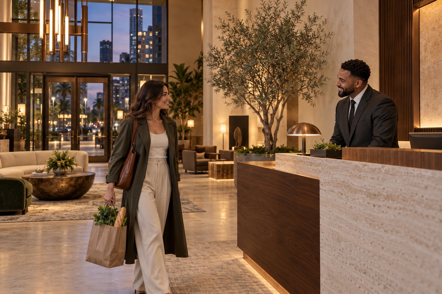 A front desk concierge welcoming a resident into the Morrow lobby
